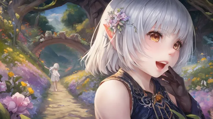 Open your mouth、Flower Field、Her eyes were shining、Mysterious and enchanting atmosphere。With AI Painting、とてもShort Hair, Long bangs between the eyes, Very detailed,(masterpiece、Highest quality)、alone、Gray Hair、Fantasy, Silver Hair, Fantasyな風景、smile、Open you...