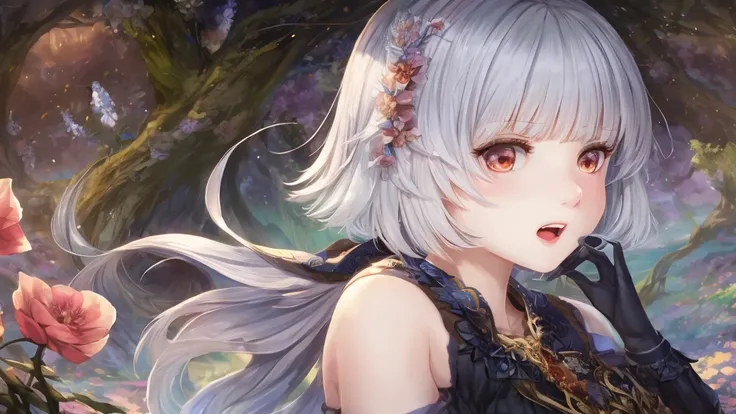 Open your mouth、Flower Field、Her eyes were shining、Mysterious and enchanting atmosphere。With AI Painting、とてもShort Hair, Long bangs between the eyes, Very detailed,(masterpiece、Highest quality)、alone、Gray Hair、Fantasy, Silver Hair, Fantasyな風景、smile、Open you...