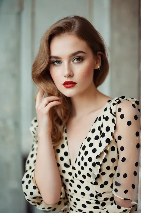 fashion photography of 23 y. woman, beautiful makeup, wearing dot dress, 35mm