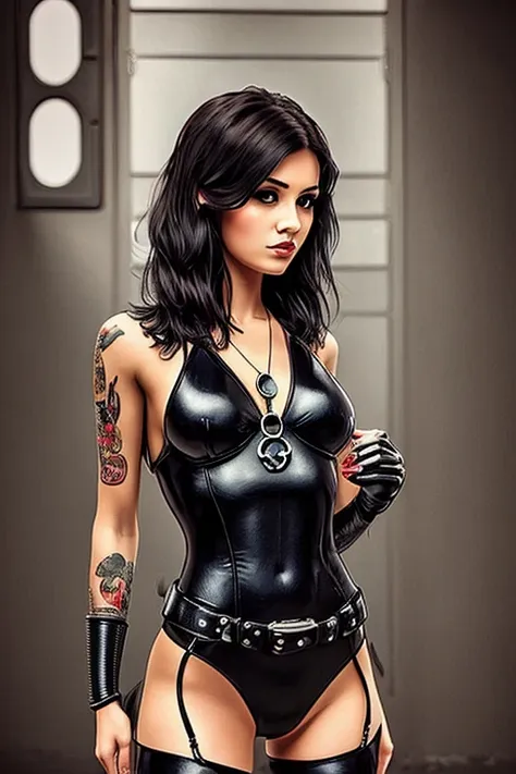 1girl, solo, short hair, simple background, accurate, female, neuromancer, grungy gothic, tattoo, everyonestt, bmb-fc, d34th3ndl...