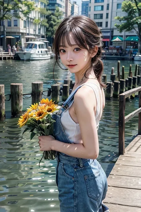 In a realistic style、Please draw a summer lakeside scene.。Wearing trendy overalls、A Japanese woman in her 20s with her black hair loosely tied up、Standing on a wooden pier。At her feet、Wearing white sneakers。In the hand、Sunflowers, cosmos, etc.、Holding a bo...