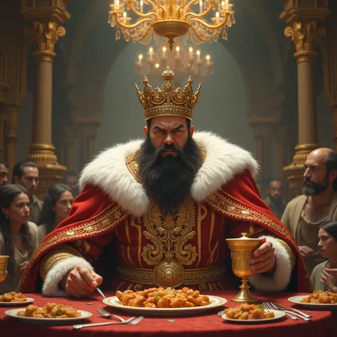 "Draw a lifelike, realistic image of a king sitting at a grand banquet table, with a haughty and contemptuous expression. The king has a full beard and is wearing a lavish crown and a richly embroidered robe, holding a goblet. His eyes are half-closed in a...