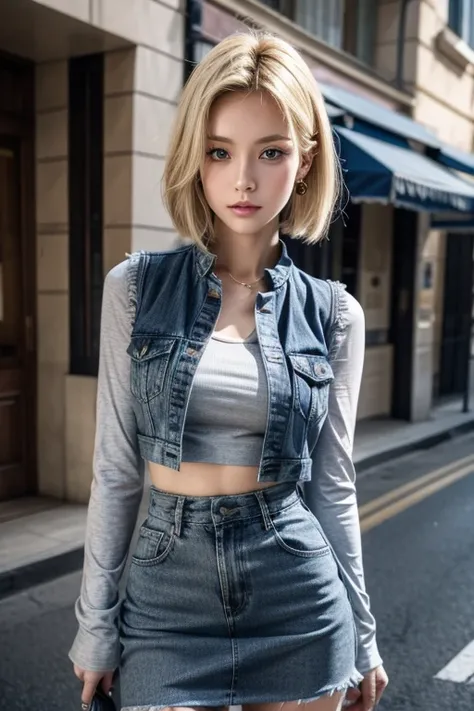 Best quality, A high resolution, and18, 1girl in, Android 18, Solo, Blonde hair, Blue eyes, Short hair, Earrings, jewelry, denim vest, Open vest, Black pantyhose, Black shirt, Denim skirt, Striped long sleeves, Blue skirt, Medium breasts, Cowboy shot, stre...