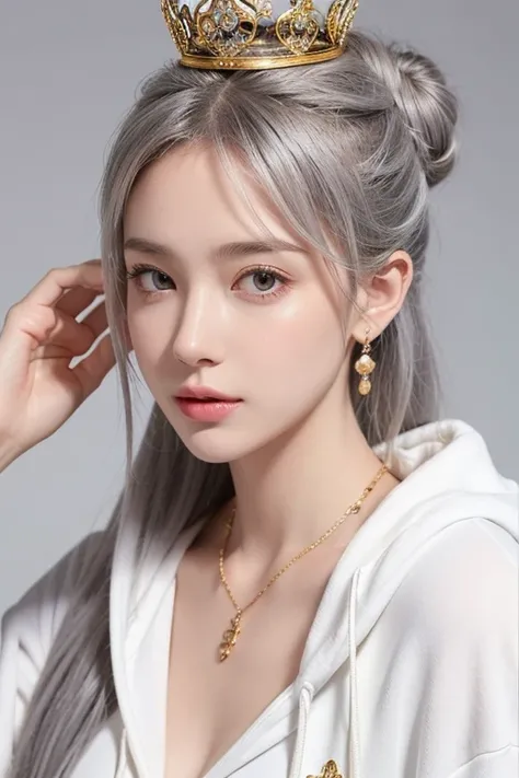 Create a digital portrait of a character with silver hair styled in two buns and flowing locks, wearing a white hoodie. The character should have ornate golden earrings and a matching necklace with a single pendant. Behind the character, include an elabora...