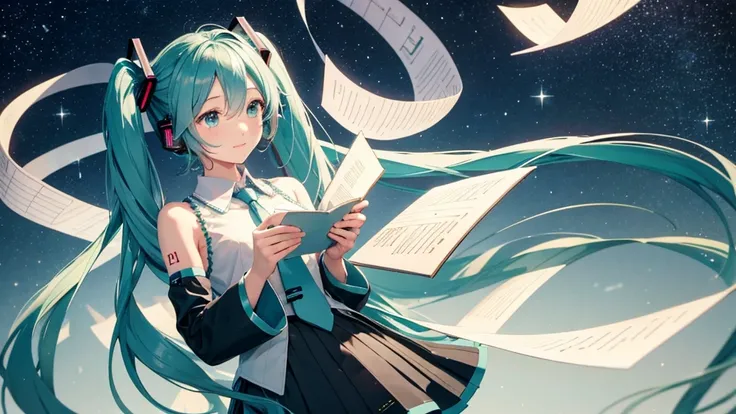 Under the quiet night sky、An image depicting Hatsune Miku reading a letter of thanks。