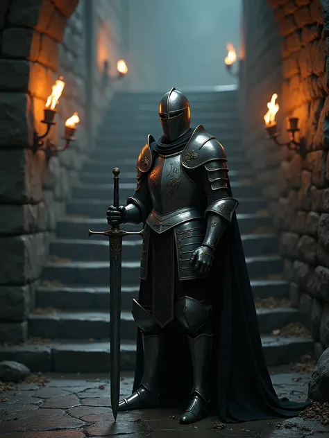 (masterpiece:1.2), (best quality:1.2), 8k, HDR, ultra detailed, ((photorealistic)), professional light, cinematic lighting, fashion photography, ambient lighting, background, a dark medieval dungeon, Darkness, epiCPhoto, fire, stairs, A Knight in armor hol...