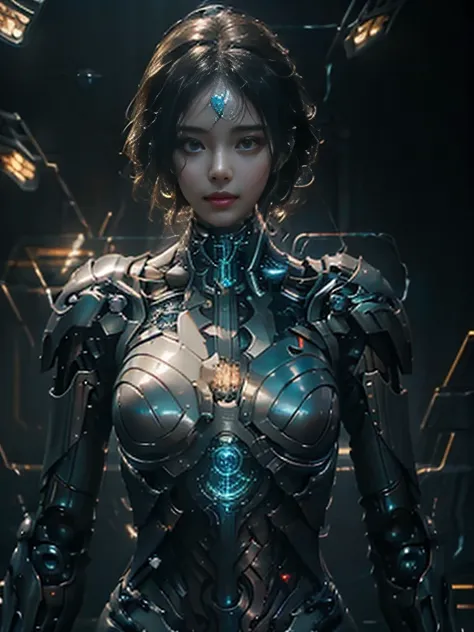 High quality, high resolution, best composition, one beautiful woman, young woman, very delicate and beautiful, CG , beautiful detailed girl, light on face, mechanical, armor, white mechanical body, black hair, spaceship, city, cyberpunk.