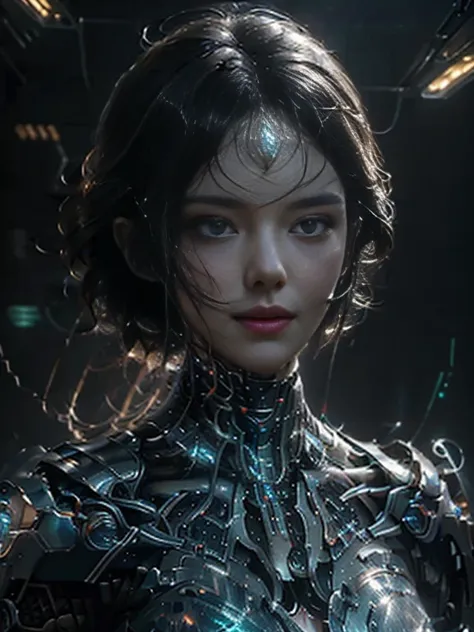 High quality, high resolution, best composition, one beautiful woman, young woman, very delicate and beautiful, CG , beautiful detailed girl, light on face, mechanical, armor, white mechanical body, black hair, spaceship, city, cyberpunk.