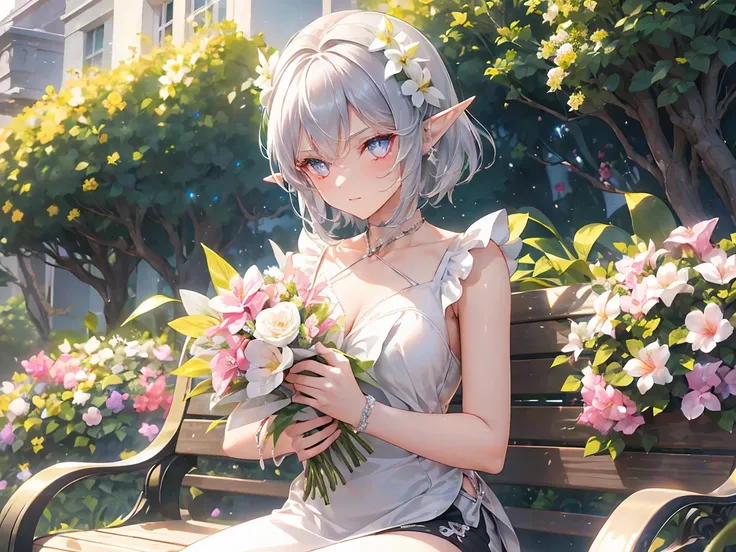 silver hair, short hair, hair bow, pointy ears, bright pupils, sparkle, masterpiece, textured skin, super detail, high details, best quality, high quality, highres, elf, beautiful lady, Choker, sleeveless T-shirt, shorts, surrounded by flowers, background ...