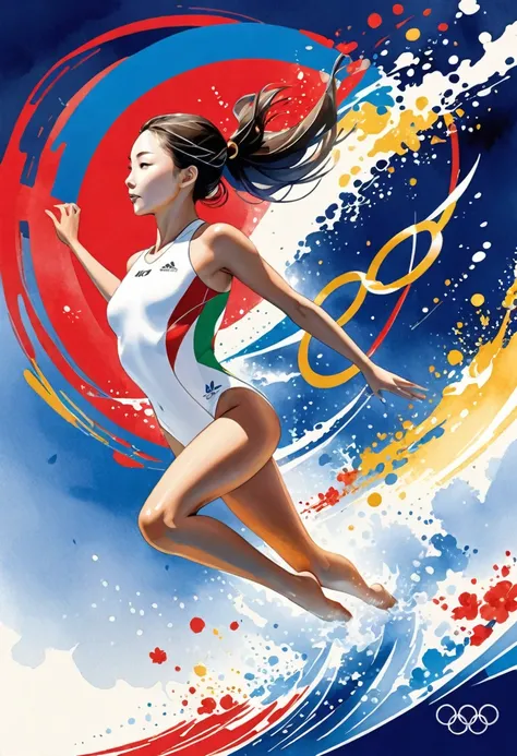 The cover design for a series of Olympic Movement posters is a striking tribute to the spirit of the Games, featuring two Asian divers in the graceful and synchronized womens synchronized 10m platform event. Above them, the silhouette of the diving platfor...