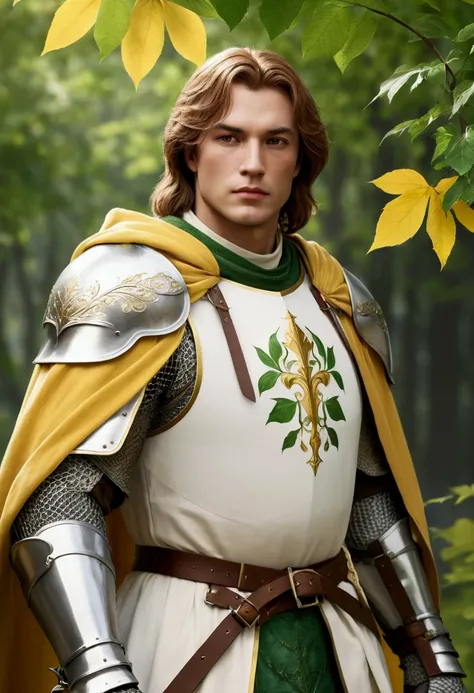 Arys is a handsome knight of 30 years, he is slim but strong. He has light-brown hair and a comely face. He wears white plate armor and a yellow cloak decorated with green leaves. He carries a sword