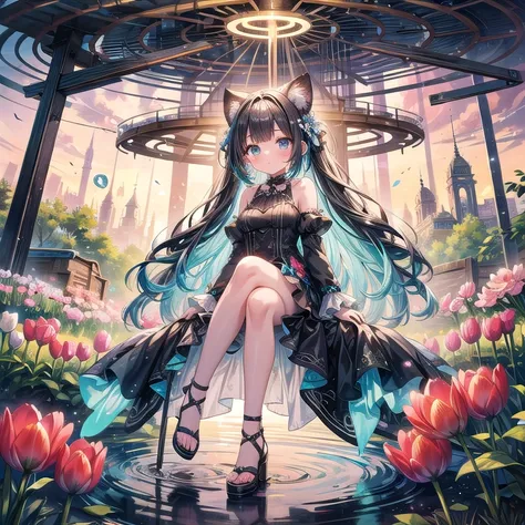 Adorable girl in a vintage dress, sitting on a giant tulip bulb time machine. Shes surrounded by a swirling vortex of tulips from different eras - from ancient wild species to futuristic bioluminescent varieties. The background shifts from sepia-toned hist...