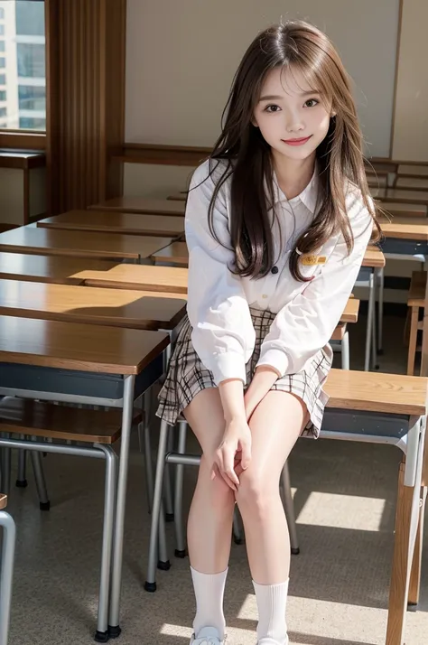 Smiling high school student, Thinner, long hair and white skin, Wear a checked skirt, JK White Boat Socks, Little white shoes、White shirt、White shirtと紺色のネクタイ、School classroom、In the classroom、One girl, solo, One girl, solo, High resolution, Anatomically co...