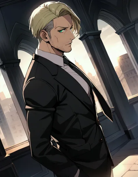 1man, veteran spy agent, handsome mature, business hair with asymmetrical bangs, narrow stubble, green platina blond hair, emerald eyes, 45yo, charming caucasian, ordinary uncle, pentagon shaped, BREAK ideal ratio body proportions, middle weight muscular, ...