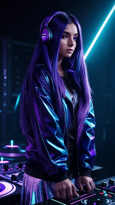 A DJ with long hair in a dark blue and purple gradient, wearing a blue vinyl jacket and a silver skirt. She is in an industrial environment with blue and purple neon lights, silver headphones in her ears as she focuses on the music. Your unique style stand...