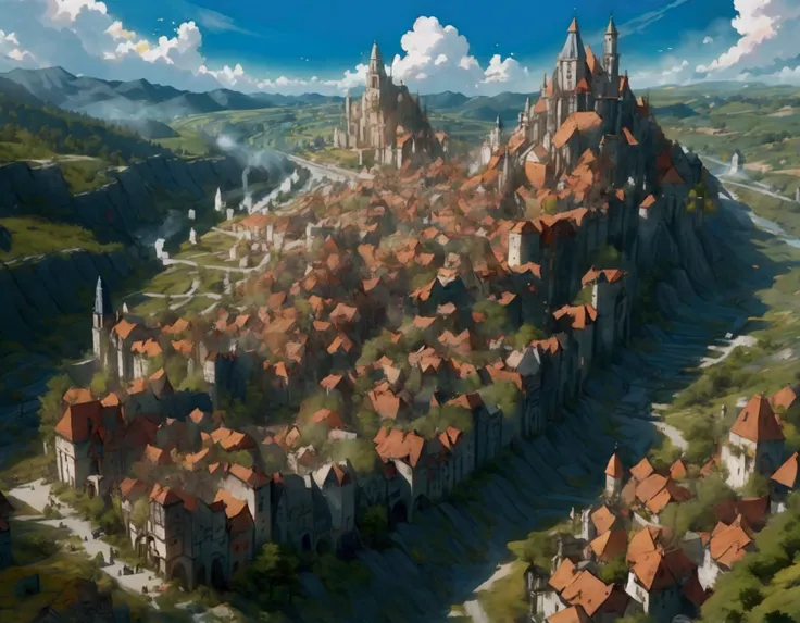 City Vision，Magnificent and luxurious Western fantasy，The city is surrounded by forests，The time is daylight，Medieval European city，Very beautiful city，The city cluster is concentrated in the center of the picture，The picture is surrounded by forest，Cities...