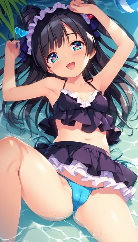 One girl, Slight bulge in the crotch, , Young girl, mesugaki, Mesgaquismiles, boyish, Black Hair, bikini, Long ruffled skirt, Small breasts, Big Ass, Thick thighs, teasing, Naughty Looks, Heart Eyes, Lower Arm, Girl puts hand on crotch, Neat, Focus on the ...