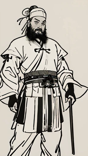 (((monochrome)))、(((ink painting)))、((ancient china、bearded man with a bun and a white swimming cap))、hands on hips、line art、ori...