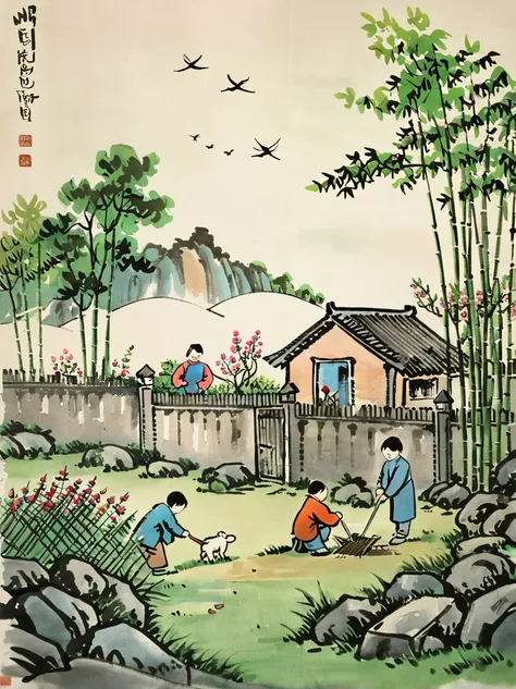 Children repairing sheepfold, board, nail, Reinforcement, Damaged fence, (The traditional Chinese minimalist style of ink wash painting:1.5), (Influence of Feng Zikais style:1.5), vibrant nature, bamboo forest, Flowers and Grass, Small animals, vivid scene...