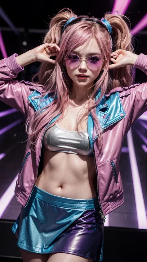 A DJ with long, wavy hair in shades of pink and dark blue, wearing a purple leather jacket and a blue vinyl skirt, dancing to the beat of the music with golden headphones in your ears. She is on a club stage with purple and blue neon lights, Looking direct...