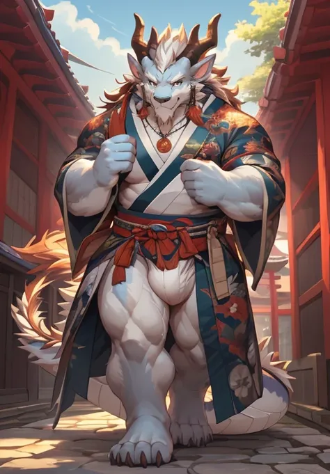 ((Highest quality)), ((masterpiece)), (Super detailed),whole body,Perfect Face,Anthro,Oriental Dragon:2.5, male ,(((maleらしい))), (((Japanese Dragon))):2.5, (((Eastern Dragon))):2.5,(Pure white body), (Strong body,whole body純白の毛皮,Fluffy fur),(((Large crotch ...