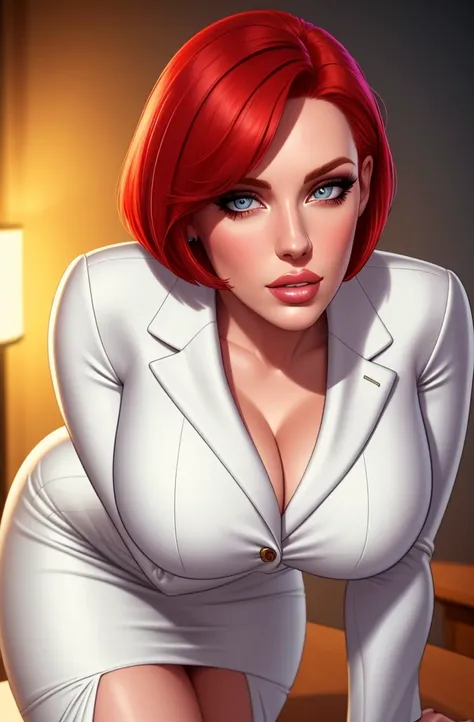 high quality,resolution:8k,realistic,Carolyn Dunn,red hair,bobcut,beautiful detailed eyes,beautiful detailed lips,white suit,pencil skirt,high heels,vivid colors,portraits,studio lighting