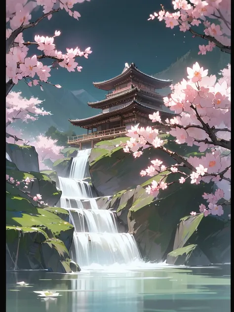 (((best quality, sharp image, clear image, cinematic lighting, 8k resolution, masterpiece, ultra detailed))) japanese temple, waterfall, landscape, sakura blossom in foreground, lotus flowers in water. 