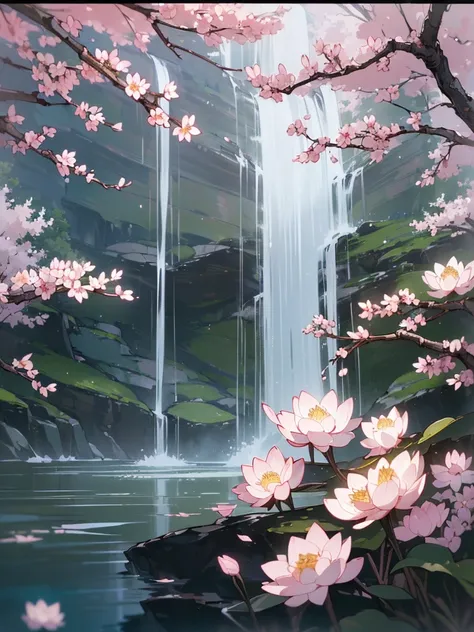 (((best quality, sharp image, clear image, cinematic lighting, 8k resolution, masterpiece, ultra detailed))) japanese temple, waterfall, landscape, sakura blossom in foreground, lotus flowers in water. 