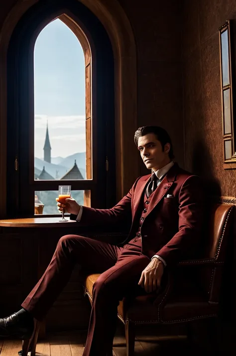 a vampire sits by the window of his castle and drinks coffee