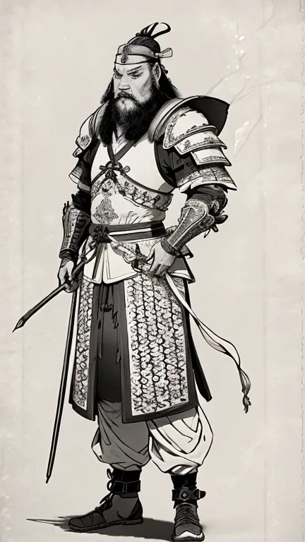 (((monochrome)))、(((ink painting)))、((ancient chinese leather armor、bearded man with a hair bun and a white swimming cap))、put y...