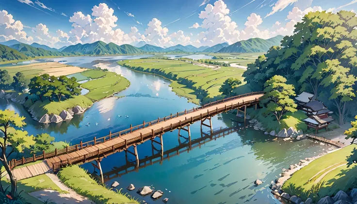 there is a wooden bridge that is over a body of water, bridge over the water, bridge, wooden bridge, tied bridge on local river, datapipeline or river, river, wood bridges, Detailed Landscape — Width 672, huge suspended wooden bridge, Bay, Chiba Prefecture...