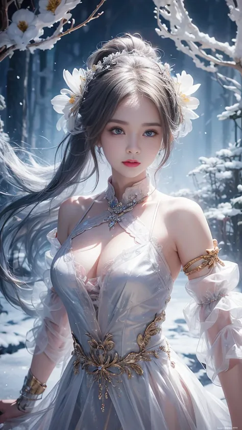 (((masterpiece))), highest quality, figure, 4k wallpaper, Cinematic Light, Absurd, One girl,(snow,ice), Snow Flower, In winter, Gray Hair, Shiny Hair, Wavy Hair, Transparent clothes, Frills, race, Wet clothes, off_shoulder, Hair Scrunchie,masterpiece, tele...