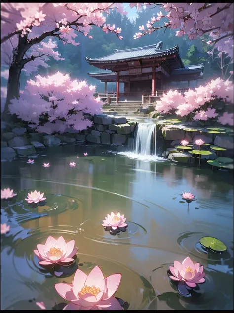 (((best quality, sharp image, clear image, cinematic lighting, 8k resolution, masterpiece, ultra detailed))) ((japanese temple)), waterfall, landscape, sakura blossom in foreground, (water lilies in water). 