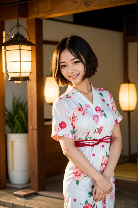 Top quality, A beautiful young woman with very short hair, wearing an elegant yukata adorned with delicate floral patterns. She stands gracefully under a lantern-lit path at a traditional Japanese festival. The soft glow of the lanterns highlights her sere...