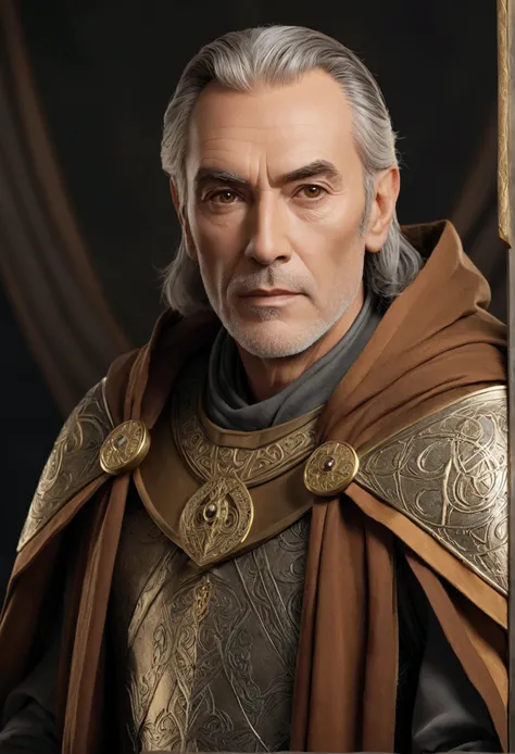 Yohn Royce is a proud lord of 50 years. His face is lined, and he has grey hair, slate-grey eyes, and bushy eyebrows. He is tall. He wears ancient bronze armor inscribed with runes and a cloak of light brown silk