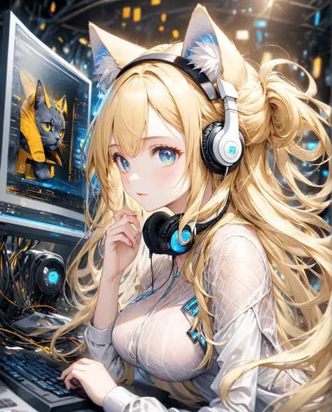 (Highest quality,8k,32K,masterpiece,Ultra-high resolution :1.2 ),born,One girl,Super cute,Natural light,Clear, shining eyes,20-year-old,Fair skin,Fantasy background of a computer-like electronic world,Blonde Hair,Hairstyle with some white mesh,Long Hair,Cy...