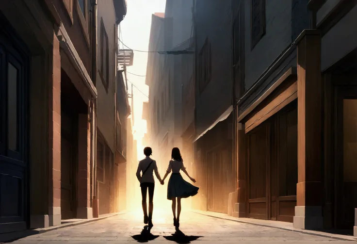 Highly detailed CG Unity 8k wallpaper), In town，Beautiful young woman and man in sunny weather,We walk together、Back view,skirt, stand、full_body, dramatic, バックLight, Light, Volumetric Lighting, Simple Background、