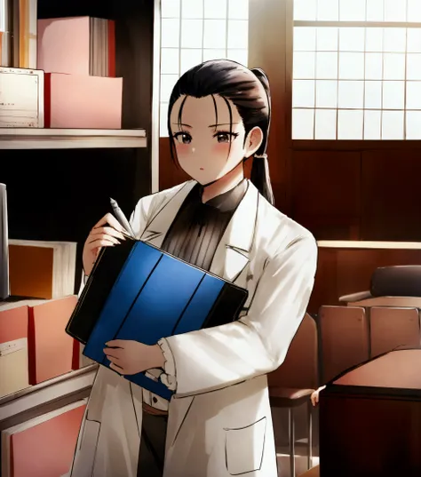 (ponytail forehead hair pulled back:1.3), arafed woman in lab coat holding a folder in a library, wearing lab coat and a blouse, bae suzy, doctor, with a lab coat, (doctor), wearing a labcoat, wearing lab coat, medical doctor, wearing a white lab coat, son...