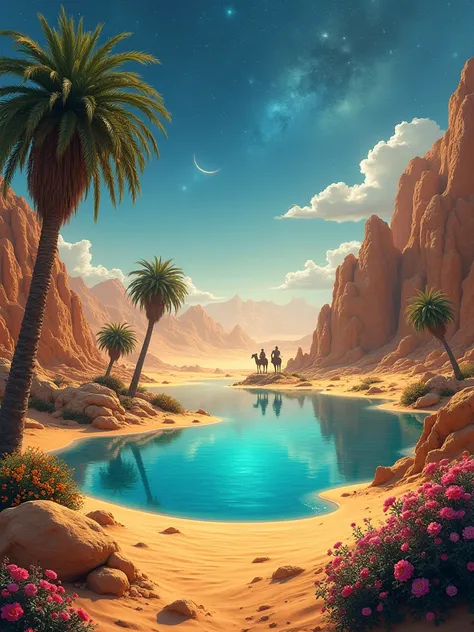 Envision a mystical desert oasis surrounded by golden sand dunes, where an iridescent lake reflects the stars above. Palm trees sway gently in the warm breeze, and vibrant flowers bloom in unexpected colors. In the distance, a caravan of travelers rides on...