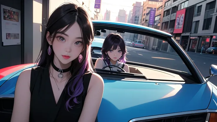 nightの埠頭, {{{nightのネオン}}}, super detailed skin, masterpiece:1.4,  8K resolution, ultra HD, symmetric eyes, Brown Hair、car、Inside the car、carのボンネットに座る女、Beautiful Asian girl with purple hair, city view from the window, Perfect Face, sunglasses, Sleeveless, N...