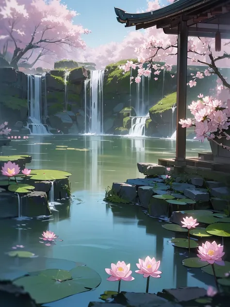 (((best quality, sharp image, clear image, cinematic lighting, 8k resolution, masterpiece, ultra detailed))) ((japanese temple)), waterfall, landscape, sakura blossom in foreground, (water lilies in water), green bushes. 