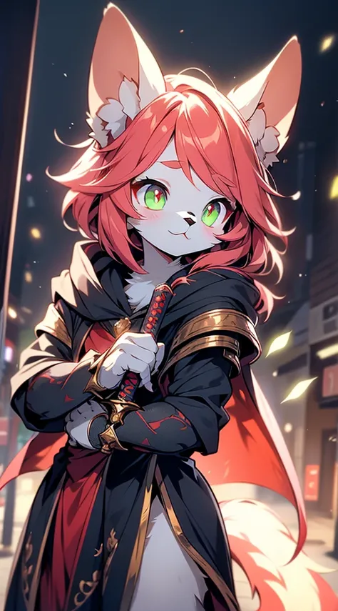 Cat Girl，short hair，braid，Tomboy，cute，Passion，Full of vitality，Energetic，Lively，shota，femboy，Red hair，Cat ears，Body hair，furry，furry，Red fur all over，hairy，sword，持sword，佩sword，拿着sword，cloak，cloak，Heroic Style，armor，奇幻armor