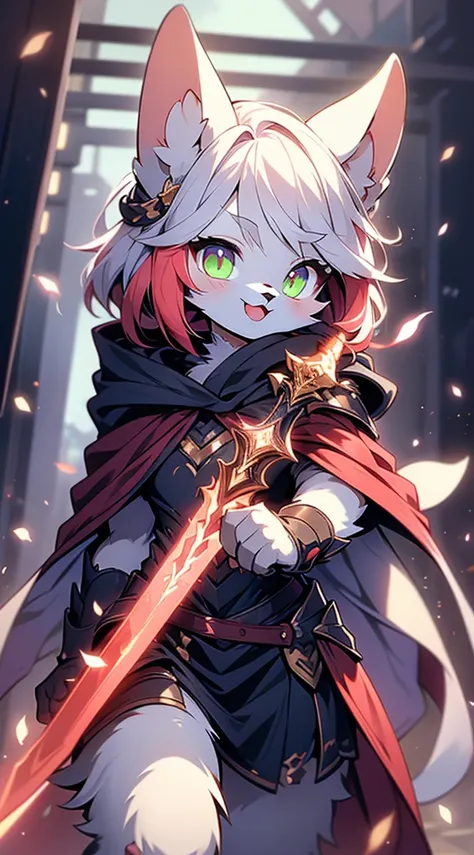 Cat Girl，short hair，braid，Tomboy，cute，Passion，Full of vitality，Energetic，Lively，shota，femboy，Red hair，Cat ears，Body hair，furry，furry，Red fur all over，hairy，sword，持sword，佩sword，拿着sword，cloak，cloak，Heroic Style，armor，奇幻armor