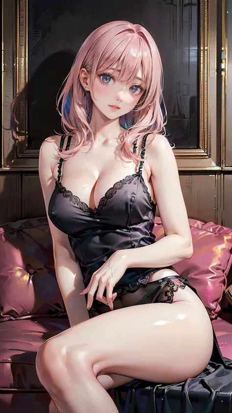 ((Highest quality, 8k, masterpiece :1.3)), (Sharp focus :1.2, Beautiful woman with perfect figure :1.4, Slim Abs), ((Big Breasts, Emphasize cleavage:1.2)), (Photorealistic:1.4), (realistic:1.4), (Pink Hair:1.5), Highly detailed face and skin texture, Fine ...