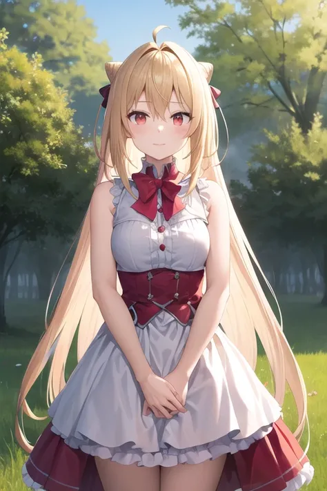 masterpiece, Highest quality, High resolution, One girl, alone, Long Hair, Blonde, Corn Hair Bun, hair ornaments, Hair Intake, Ahoge, bangs, Red eyes,Sleeveless dress