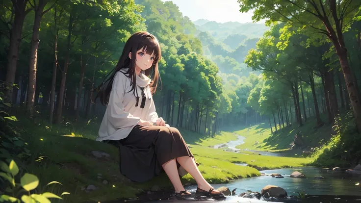 (4K images:1.3),Anime-like image,High resolution,Very beautiful illustration,A fantastic atmosphere,Girl sitting in the forest,Ghibli-inspired design,Her hair color is dark brown.