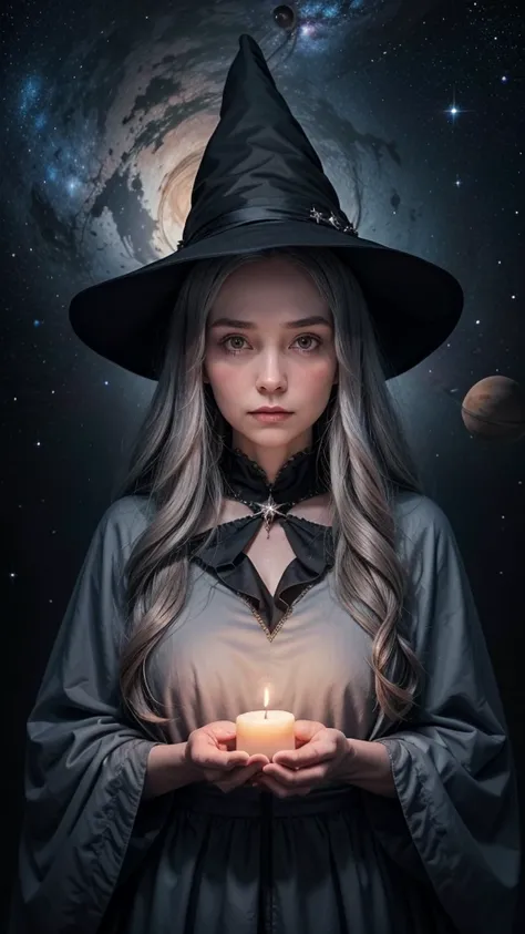 “A realistic depiction of an elderly witch in a dark blue robe and a pointed hat, floating in outer space. The witch is facing forward symmetrically, with long, wavy grey hair, a gentle expression, and holding a candle in front of her. The background featu...