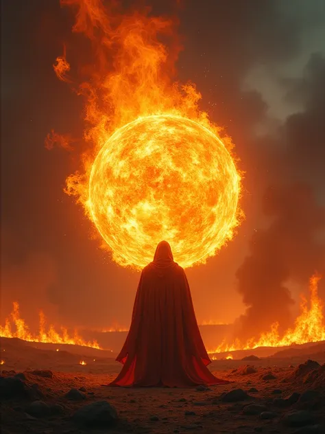 A formidable mage, garbed in flowing, ember-glowing robes, stands at the center of a desolate, scorched battlefield. The mage channels a blazing fireball, its searing flames illuminating the dark, smoke-filled air with intense, flickering light. The scene ...