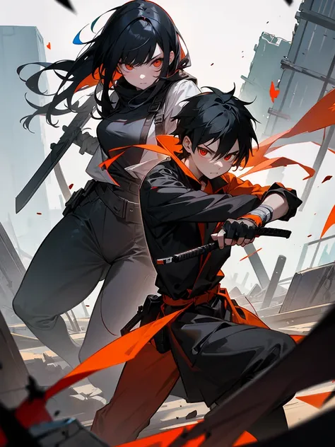 Girl and boy with red orange eye and black hair on a destroyed city holding there own weapons and stare at their own weapons