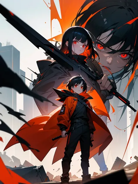 Girl and boy with red orange eye and black hair on a destroyed city holding there own weapons and stare at their own weapons